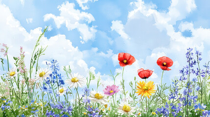 Fototapeta premium Vibrant watercolor illustration of flower field under bright blue sky, showcasing various colorful blooms and lush greenery