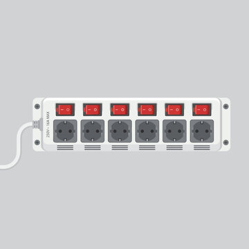 Power strip with multiple outlets and switches on a gray background.