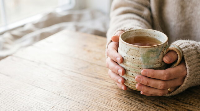 Hands holding a handmade ceramic mug showcasing artisanal craftsmanship