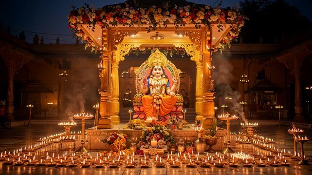 Ornate Hindu Deity Statue Illuminated by Hundreds of Oil Lamps at Night