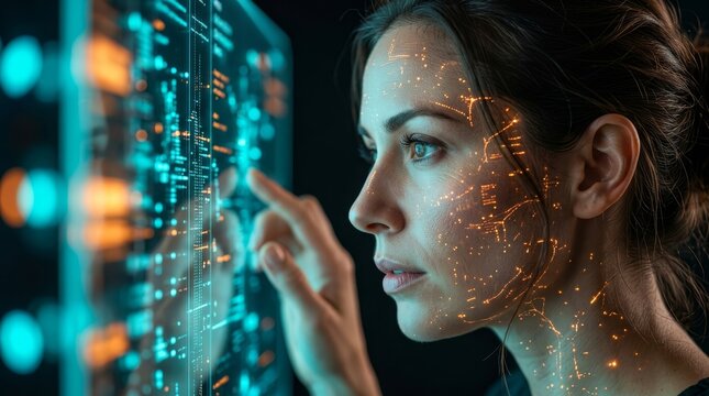 A woman examines digital holographic interface in a dim setting, suggesting technology's future potential.