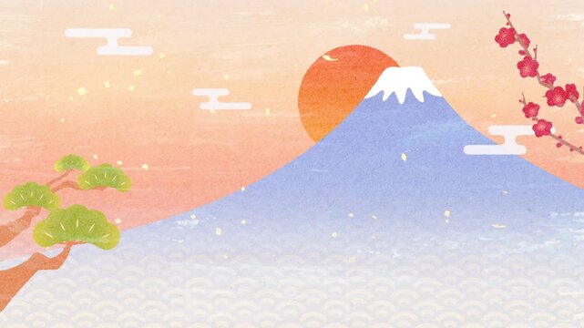 富士山と初日の出のお正月向け和風背景アニメーション 4K