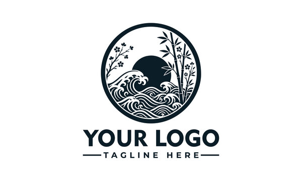 Elegant circular logo design featuring a serene Japanese-inspired landscape with dynamic ocean waves, tall bamboo stalks, and a tranquil moon, perfect for nature-themed branding