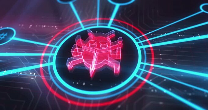 Worm virus cyberattack warning symbol digital concept. Cyber technology and computer network background abstract 3d animation.