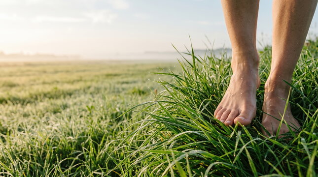 Barefoot walking on fresh green grass in a natural outdoor setting