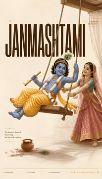 Janmashtami celebration featuring young Krishna in yellow dhoti joyfully swinging with a playful friend in festive design