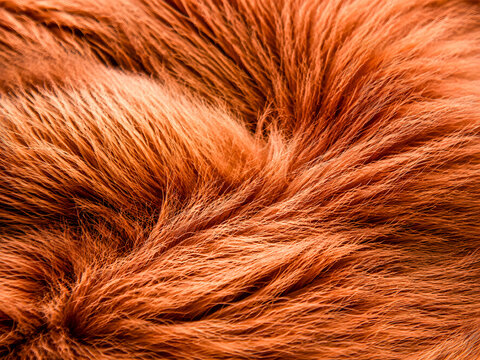 Close-up macro texture of soft, warm, and fluffy orange faux fur material