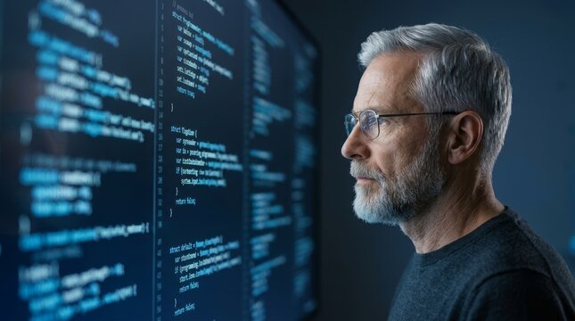 A mature man with glasses reviewing code on computer monitors, illustrating focused programming work.