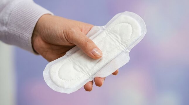 A close up view of a hand gently holding a white sanitary pad with a soft blurred pastel background symbolizing feminine health and hygiene