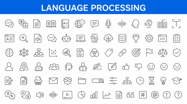 Language Processing Icon Set Depicting Text and Speech Symbols.