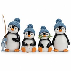 Fototapeta premium Four cute penguin figurines wearing blue winter hats