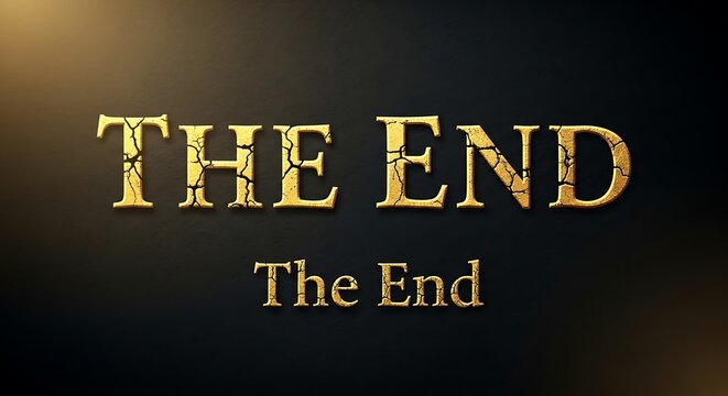 The end text sign with cracked golden texture on a dark background for movie closing credits