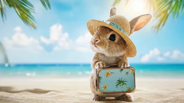 Cute rabbit wearing straw hat and holding small suitcase on sandy tropical beach with palm trees and ocean view, joyful easter holiday travel concept