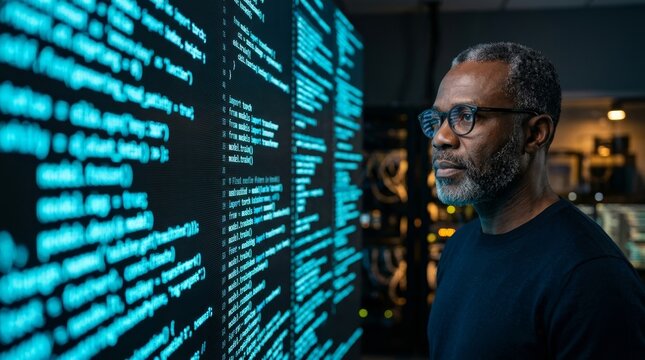 A focused programmer reviewing code displayed on a large screen in a tech office environment.