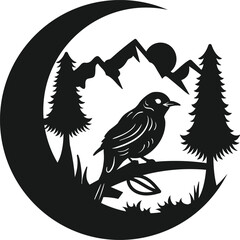 Naklejka premium Raven Crescent Moon Woodland Silhouette Art