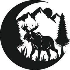 Naklejka premium Moose Crescent Moon Forest Silhouette Art