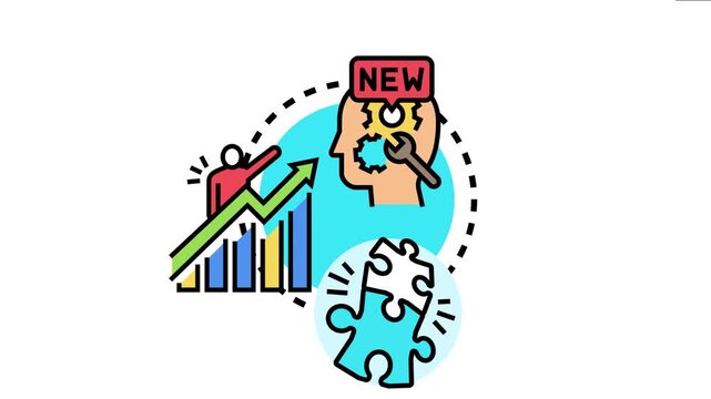 Head with gears and a wrench symbolizing new ideas and knowledge acquisition, combined with a rising graph indicating progress and connecting puzzle pieces for problem solving