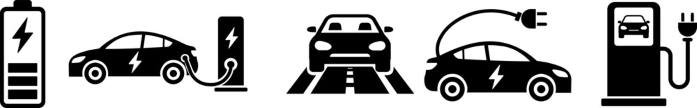 Electric vehicle icon set featuring black car silhouettes with battery level indicators and charging station symbols in flat vector illustration on transparent.