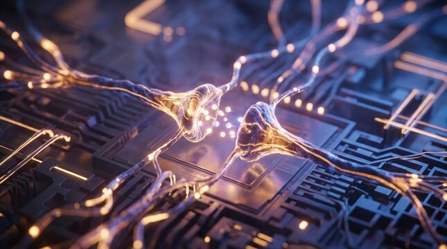 Artificial Intelligence Neural Network Synapse On Computer Microchip Concept