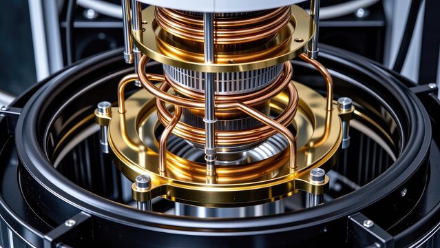 detailed golden hardware of a dilution refrigerator for subatomic particle experimentation