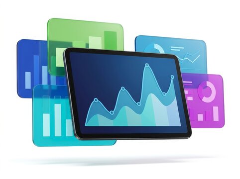 Tablet with colorful data charts and graphs suggesting analytics tools.