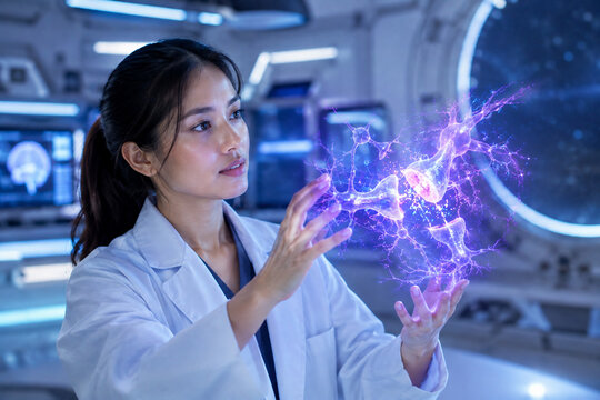 AI generated Thai neuroscientist examining glowing neural synapse hologram futuristic laboratory advanced brain research technology digital medical visualization