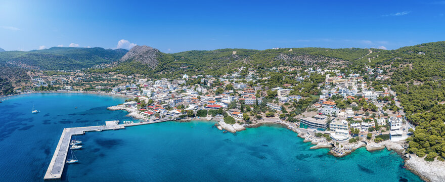 Panoramic aerial summer day view of the coastal town Agia Marina on the Greek island of Aegina, Saronic Gulf, Greece