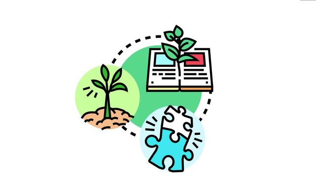 Knowledge growth icon education, learning, and self development through reading books, acquiring new skills, and connecting fragmented ideas