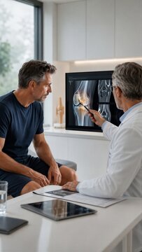 Male doctor showing knee xray to male patient in modern clinic. Orthopedist explaining joint injury diagnosis on monitor. Medical consultation, health screening and treatment concept.