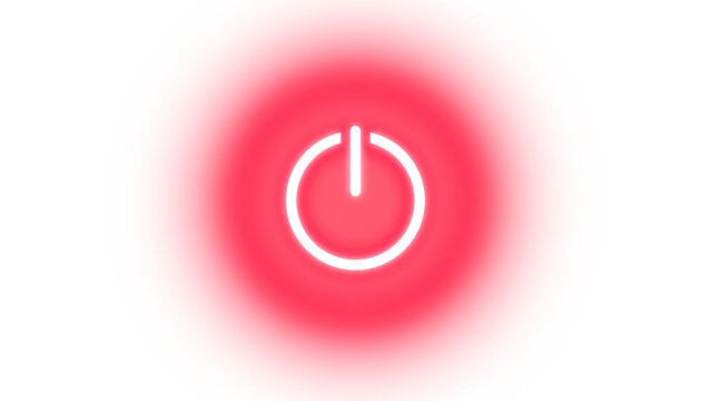 Glowing neon red power button on transparent background