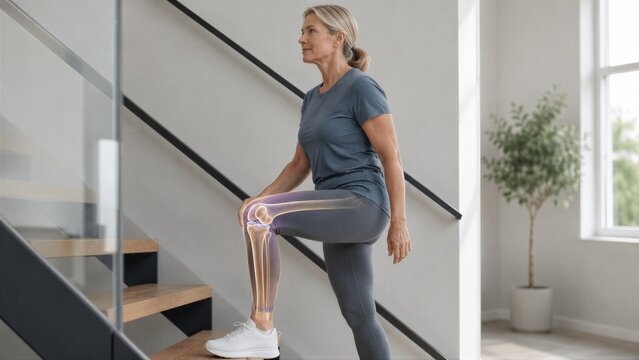 Mature woman climbing wooden stairs with highlighted knee joint illustration. Concept of joint pain, arthritis treatment and orthopedic physical therapy. Medical health care analysis.