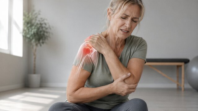 Woman suffering from severe shoulder pain. Mature female touching aching arm joint. Medical visualization of injury or physical condition. Healthcare and orthopedic concept for treatment.