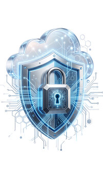 Cybersecurity Shield and Padlock for Digital Data Protection on tranparent background