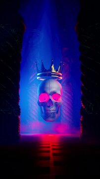 3D Render of Crowned Skull with Glowing Eyes Floating Between Gothic Pillars Under Blue Light