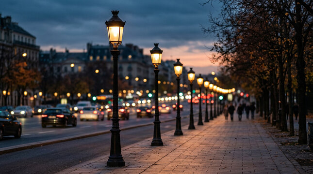 Glowing Vintage Street Lamps Along a Busy Paris Boulevard at Night