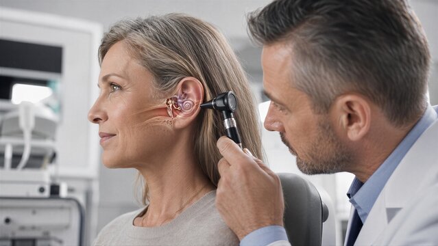 Otolaryngologist examining woman ear with otoscope. Doctor checking patient hearing health with medical technology. Anatomy of human ear interior visualization for diagnostic healthcare concept.