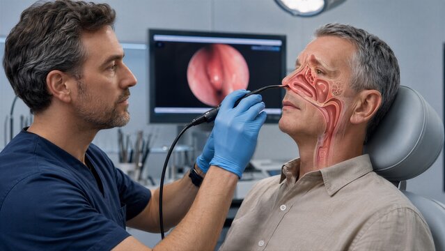 Otolaryngologist examining man nose using endoscope. Doctor checking nasal cavity with endoscopic camera. Modern ear nose throat clinical diagnostic technology and professional medical care.