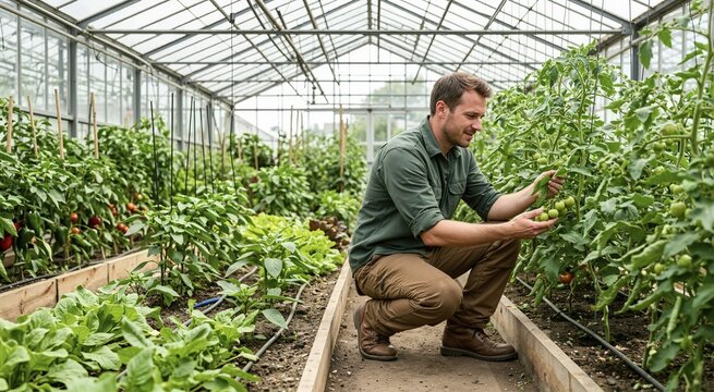 Man inspecting green tomato plants inside a professional greenhouse. Farmer checking crop health in a glass house. Agriculture and food production concept