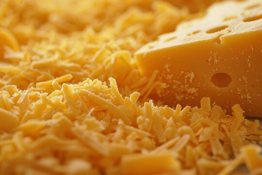 Shredded cheese covering a surface with a block of emmental showing holes