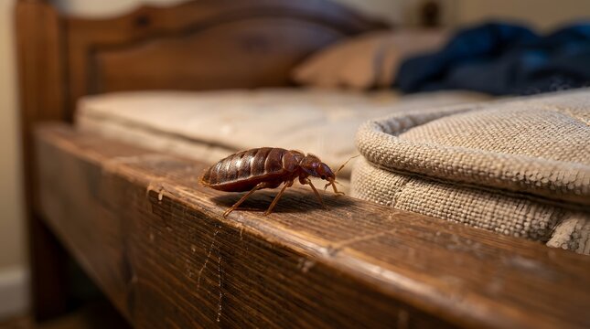 A close-up view of a bed bug crawling on a wooden bed frame near a mattress
