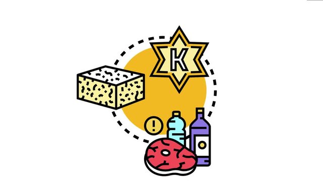 Kosher food preference concept depicting various products like meat, cheese, beverages, and an exclamation mark, symbolizing dietary restrictions and certified eating habits