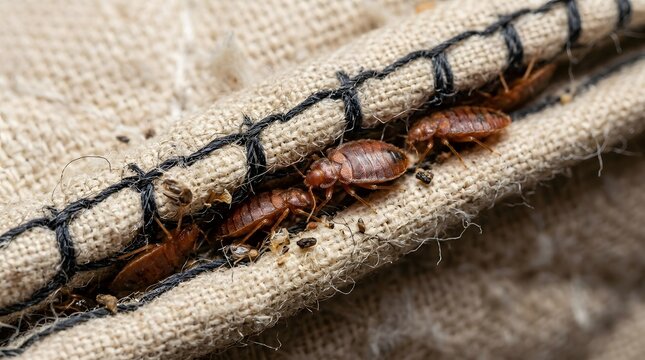 Macro close-up of a bed bug infestation on mattress fabric seams