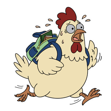 Funny cartoon chicken wearing a school backpack and running late in panic