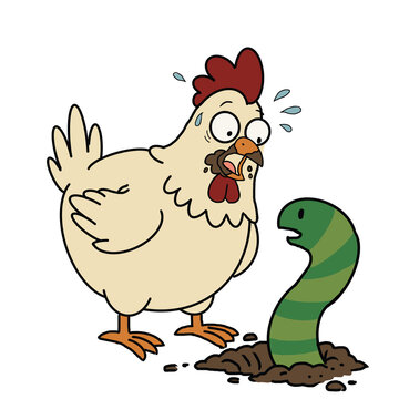 Funny cartoon illustration of a shocked and scared chicken looking at a cute green worm emerging from the ground