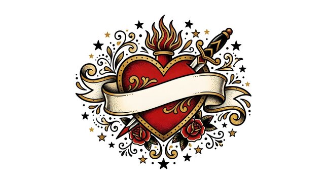 Traditional Old School Tattoo Design Featuring a Pierced Sacred Heart with Roses and Ribbon
