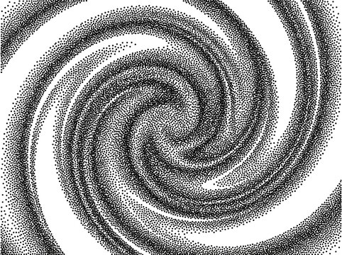 Abstract stippled spiral pattern with black dots on a white background