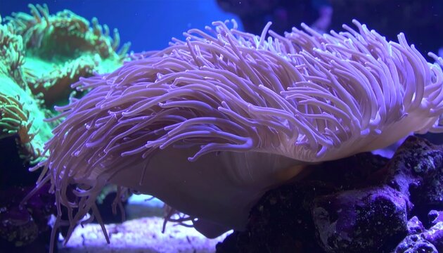 Vibrant purple sea anemone glowing underwater in coral reef habitat