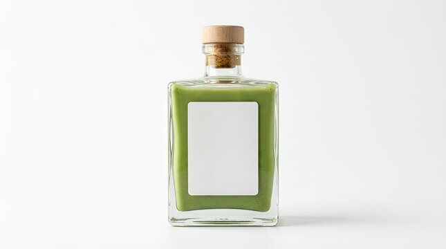 Transparent Elixir Bottle with Green Liquid, Natural Ingredient Vial, Blank Label Glossary, Clear Perfume Container, Wooden Cork, Spa Product
