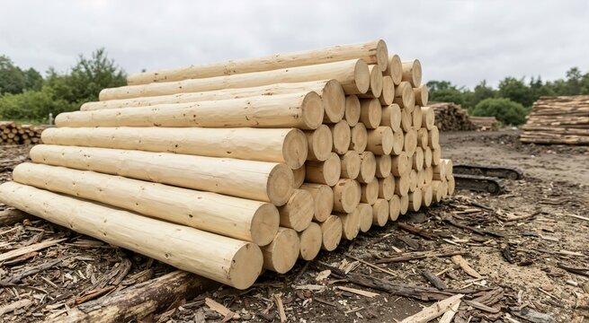 Large stack of debarked wooden logs in a lumber yard. Smooth light colored timber piled on the ground. Forestry and logging industry concept
