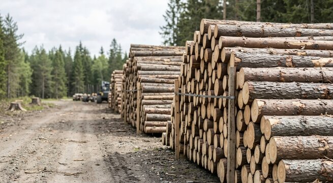 Massive stacks of unbarked pulpwood logs lining a dirt forest road. Harvested timber piled high for the logging industry. Forestry machine in background